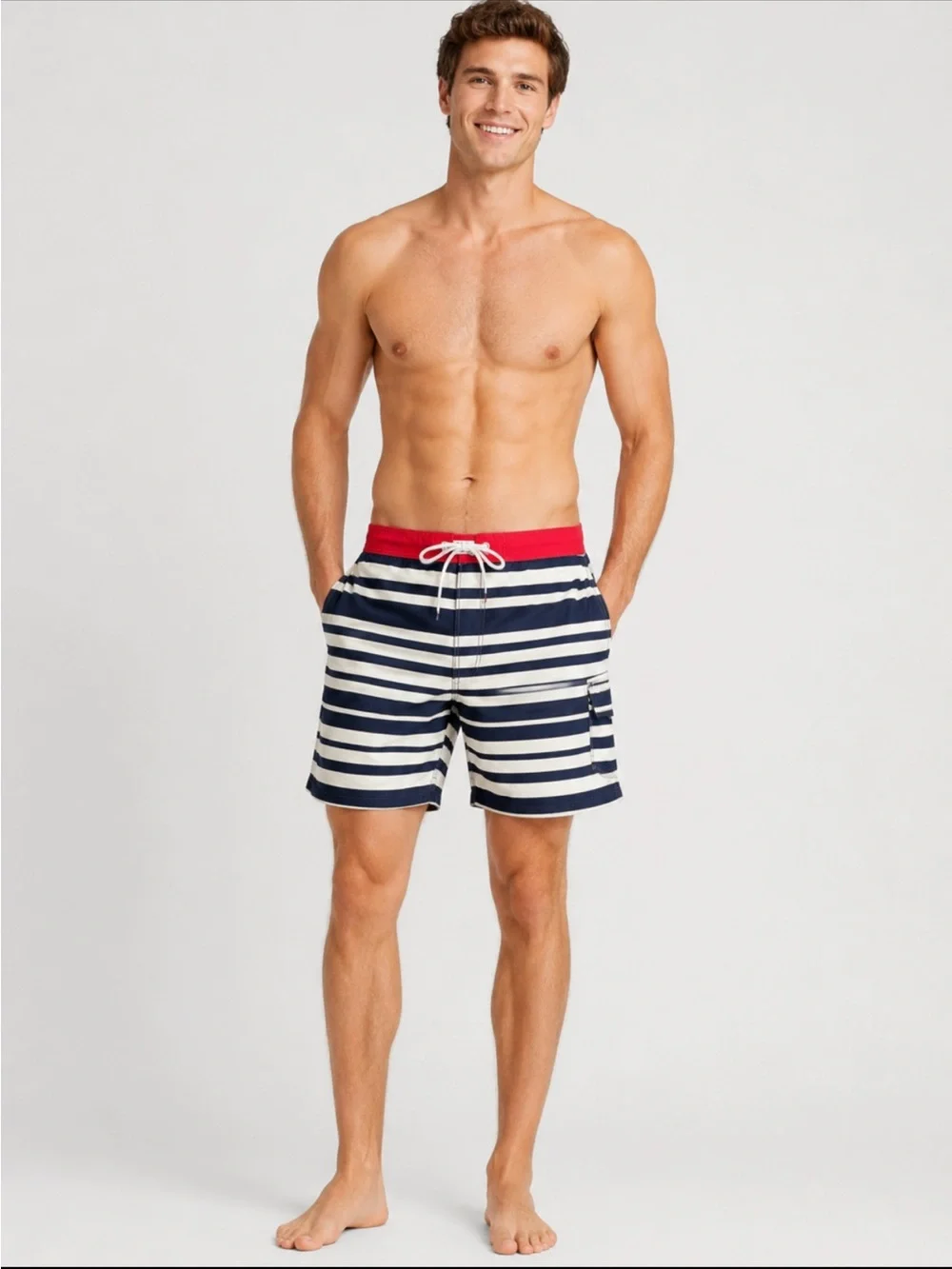 J. Crew Navy and White Striped Swim Trunks with Red Waistband Size 34